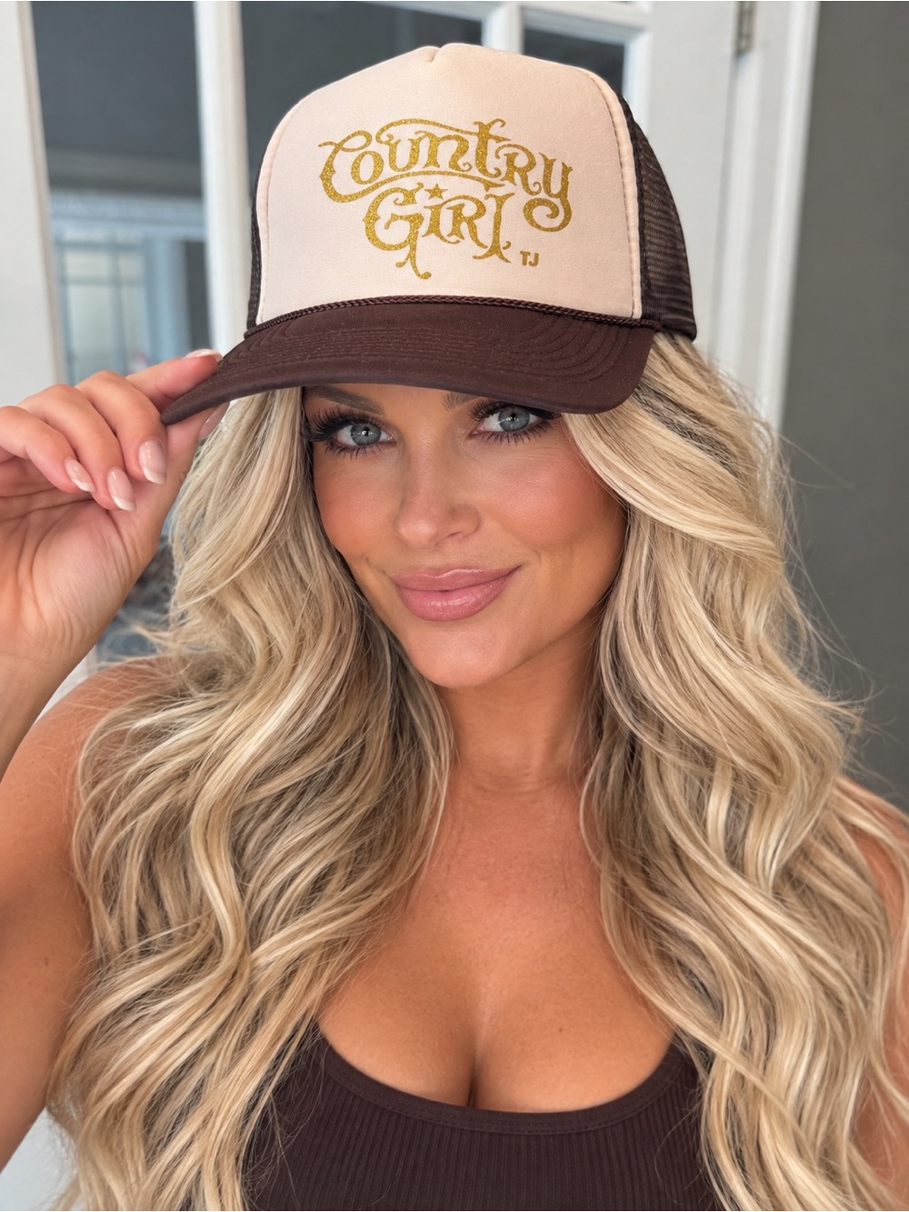 Trucker Cap - Cream & Brown with Gold Script